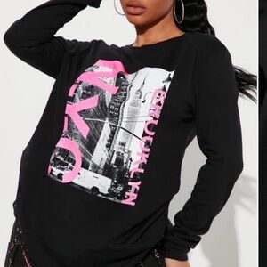 NWT Fashion Nova Women’s Brooklyn NYC Graphic T-Shirt - Black Pink Long Sleeve